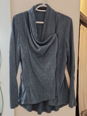 Sweet Rain Slate Blue Draped Zip-Front Cowl Sweater